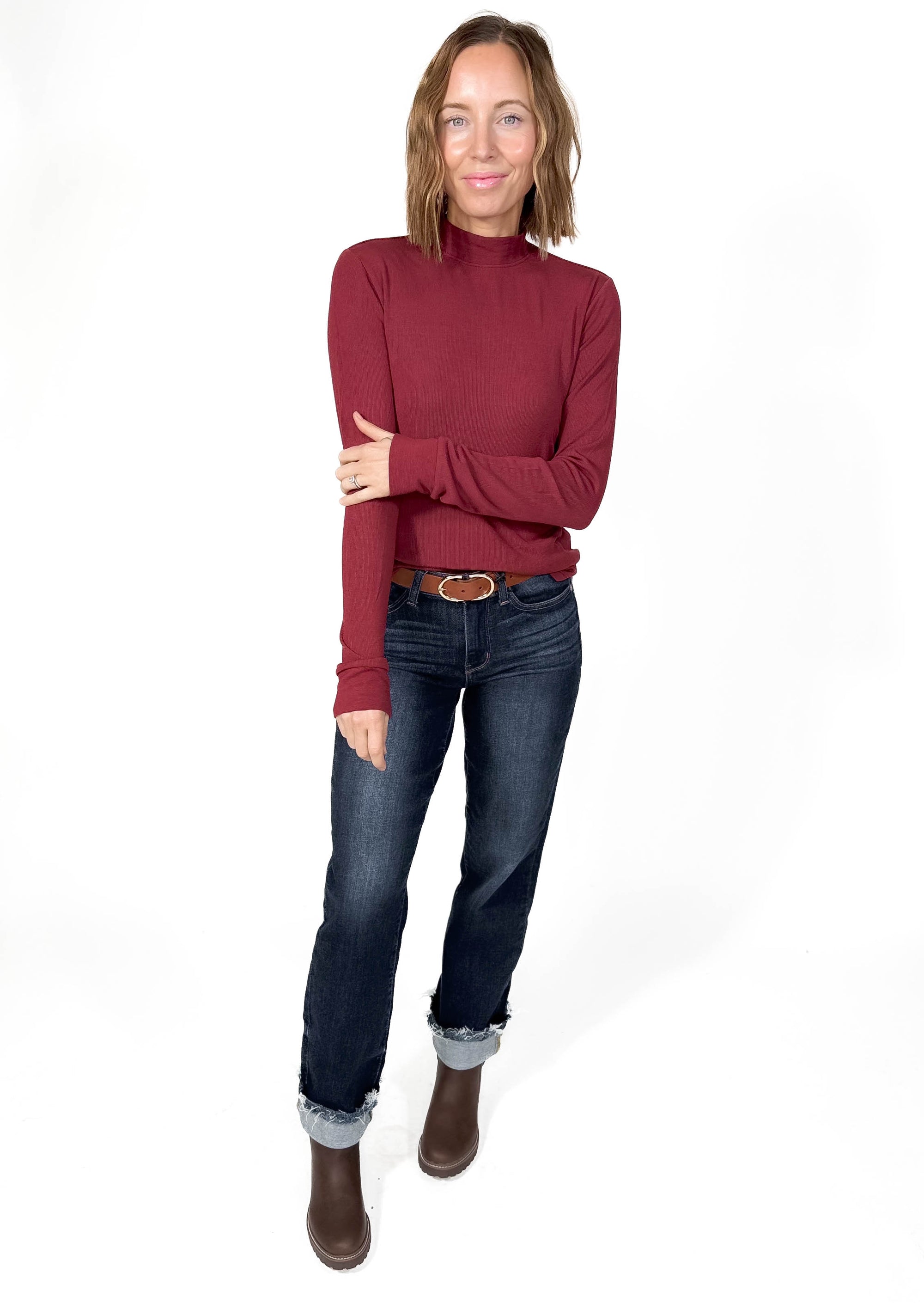 THREAD & SUPPLY Liz Mock Neck Long Sleeve- MAROON