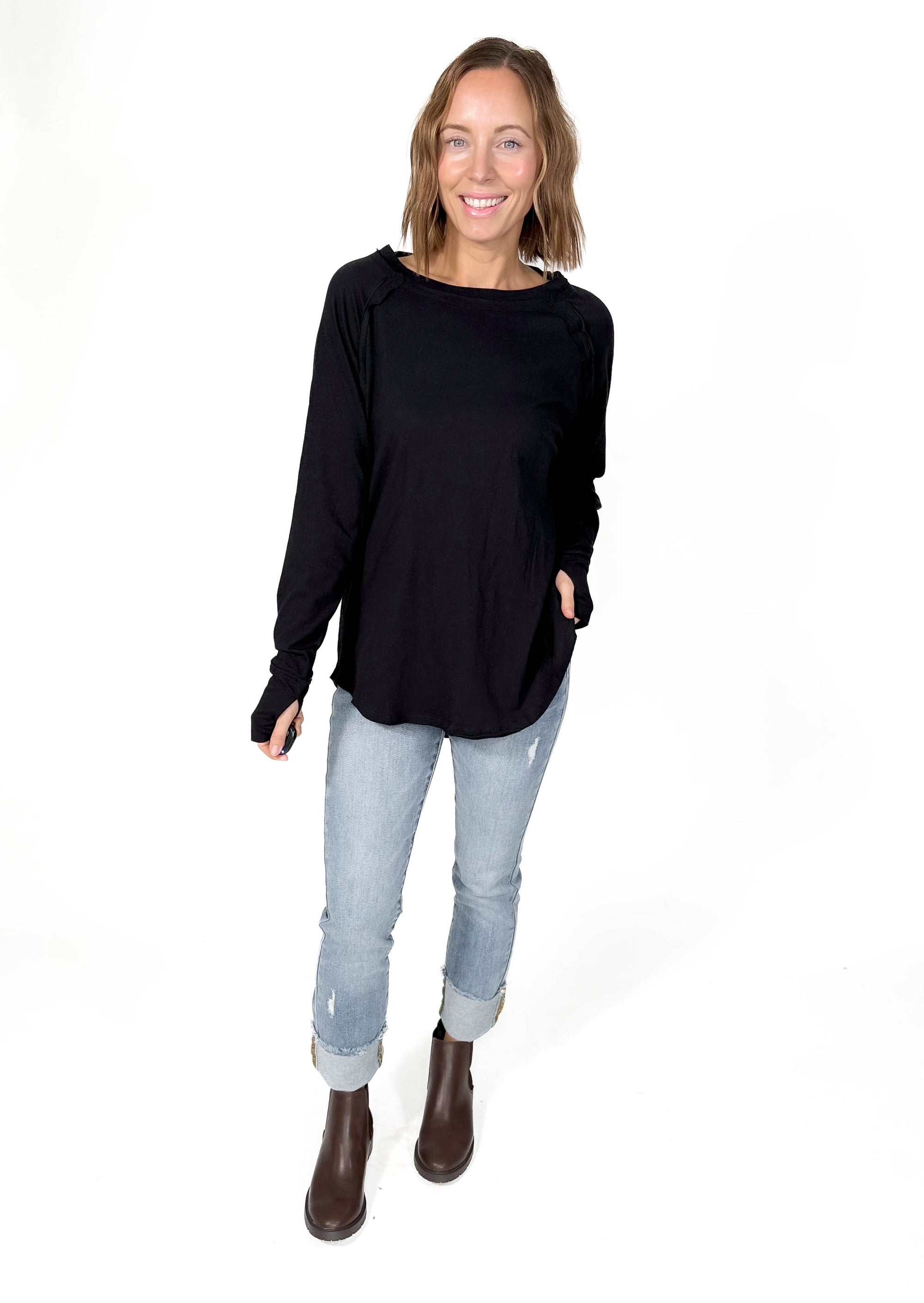 Sterling Raglan Thumbhole Long Sleeve- BLACK