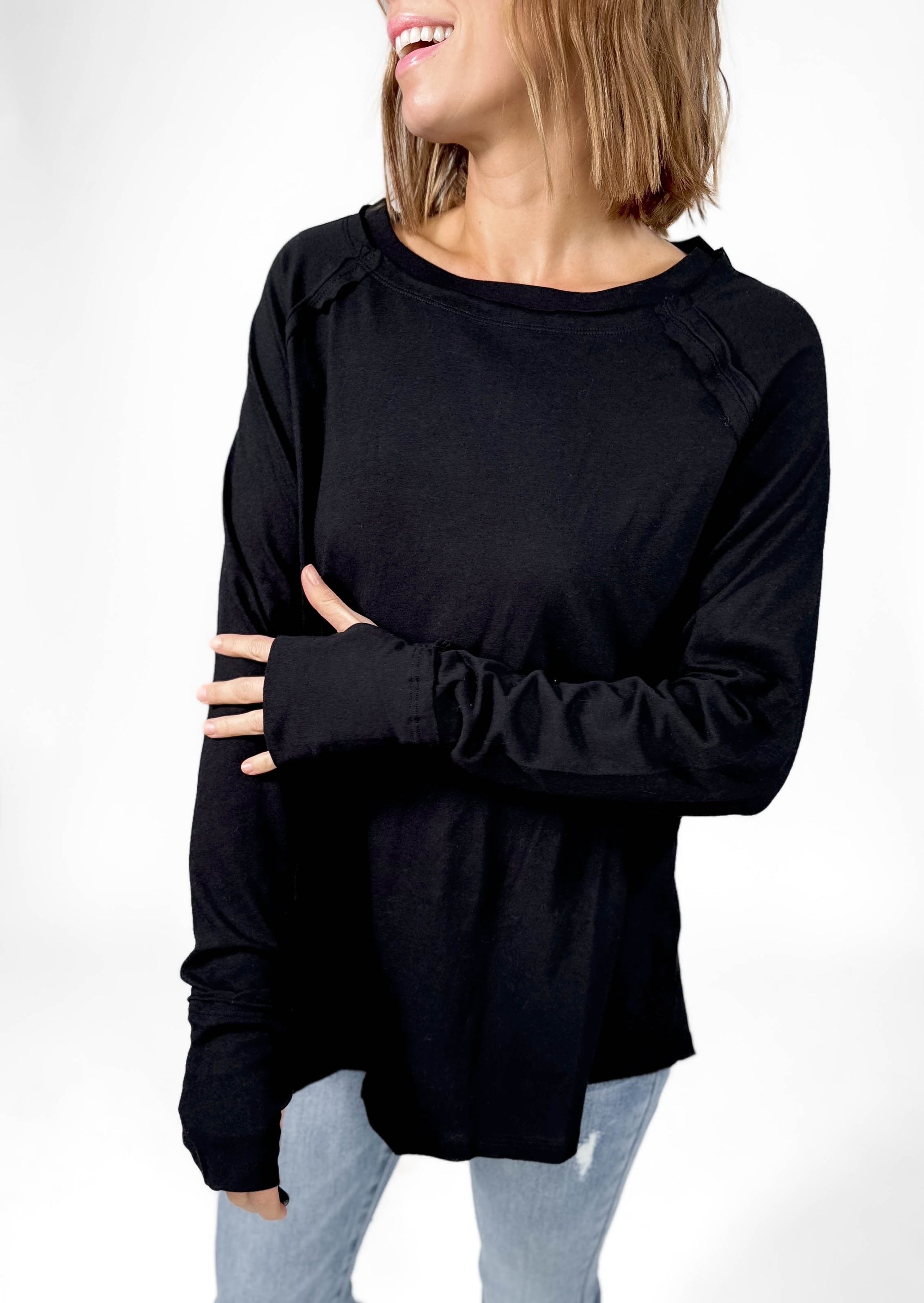 Sterling Raglan Thumbhole Long Sleeve- BLACK