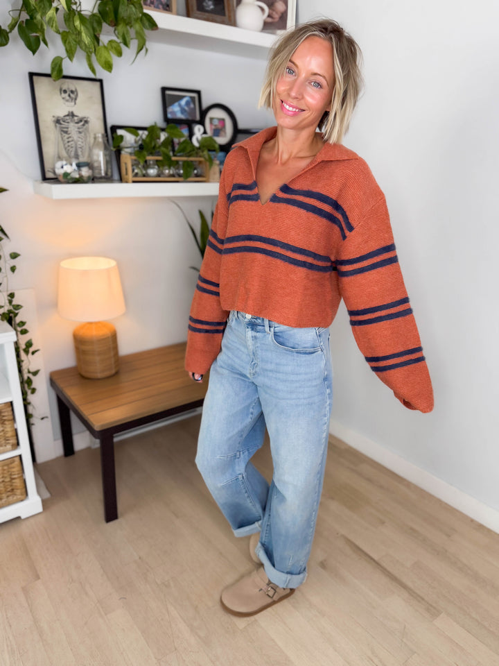 Culver Crop Collar Sweater- RUST/NAVY