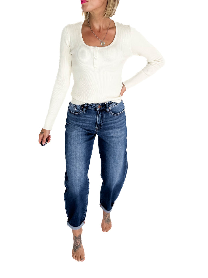 RISEN Amber High Rise Slim Barrel Jean- DARK