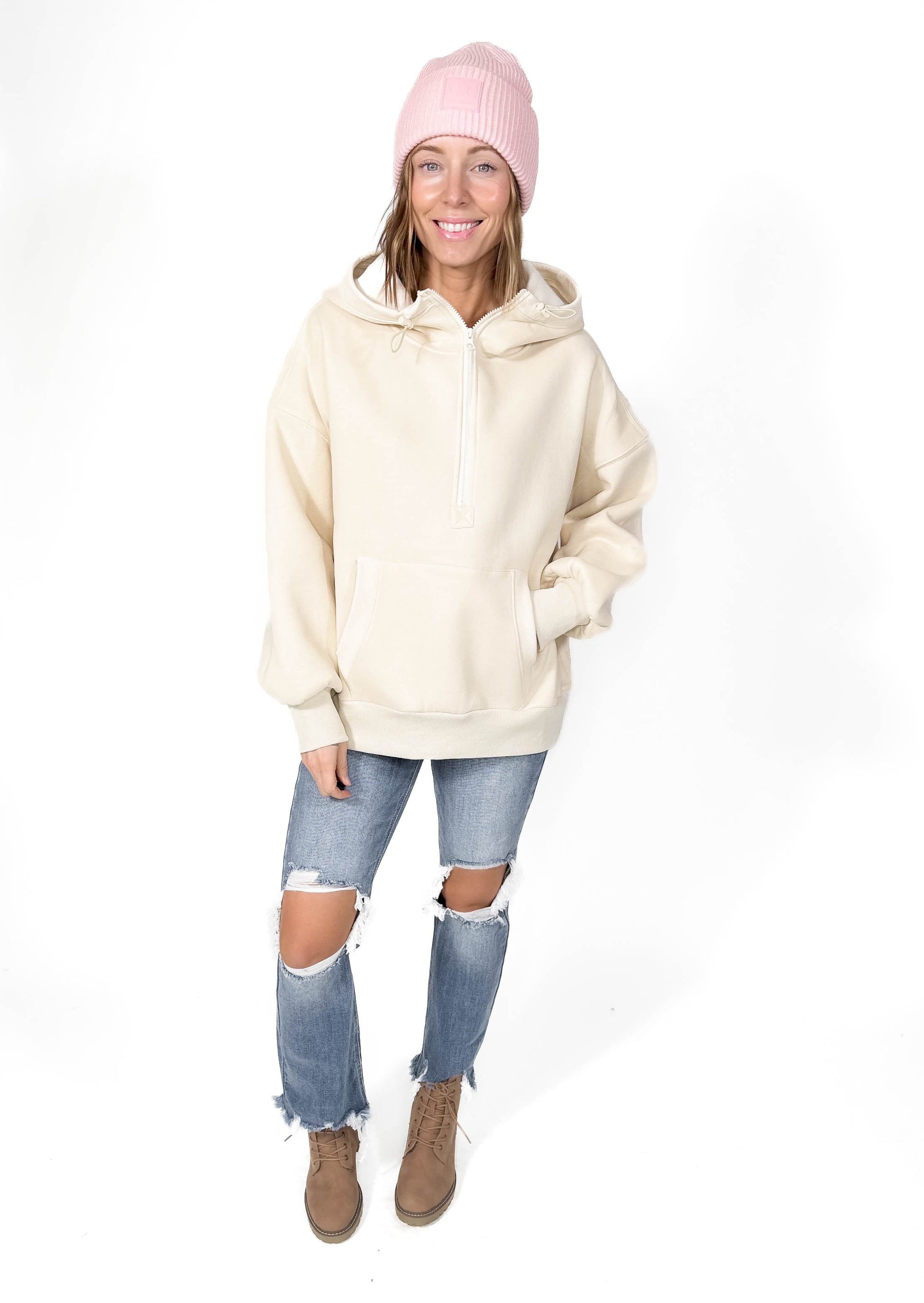 Torrin Fleece Oversized 1/2 Zip Hoodie- STONE BEIGE