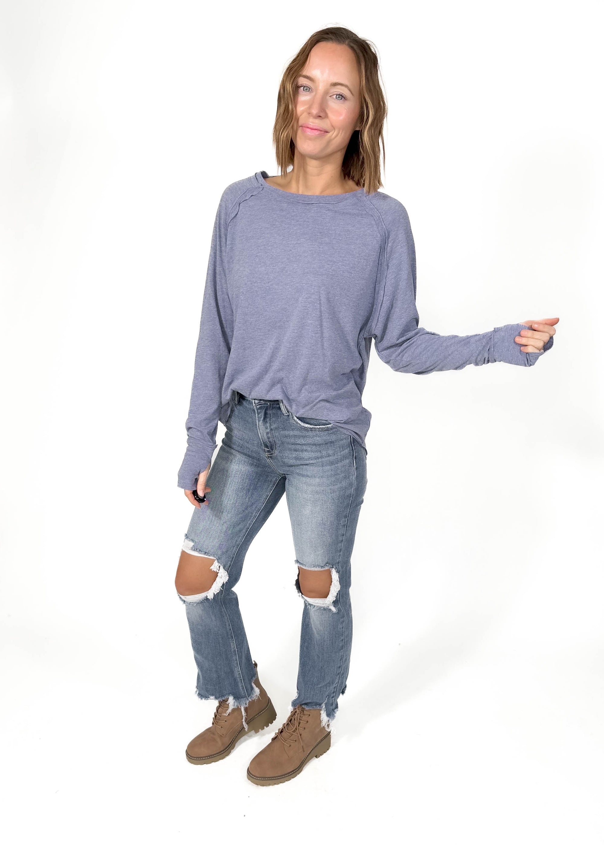 Sterling Raglan Thumbhole Long Sleeve- HTHR LIGHT NAVY