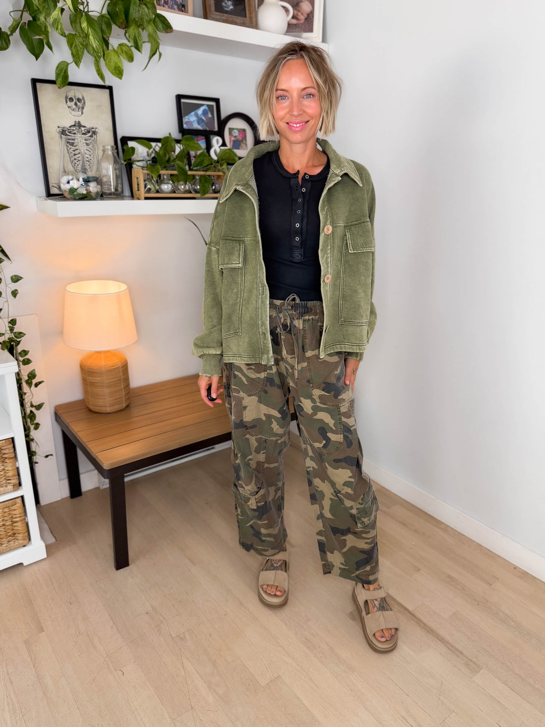 Ryanne Washed Fleece Shacket- LIGHT OLIVE