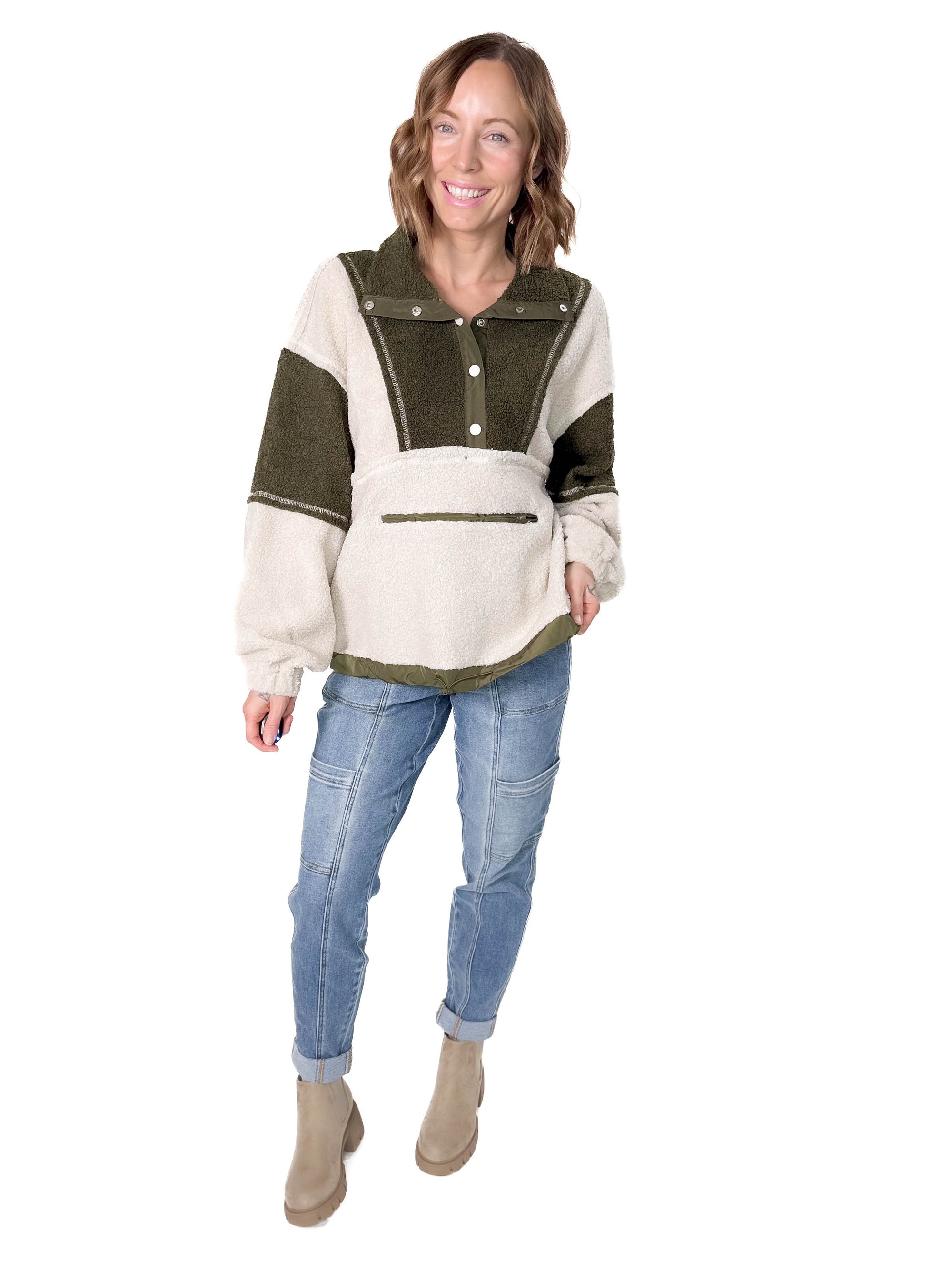 Roxy Colour Block Sherpa- OATMEAL/OLIVE-FINAL SALE