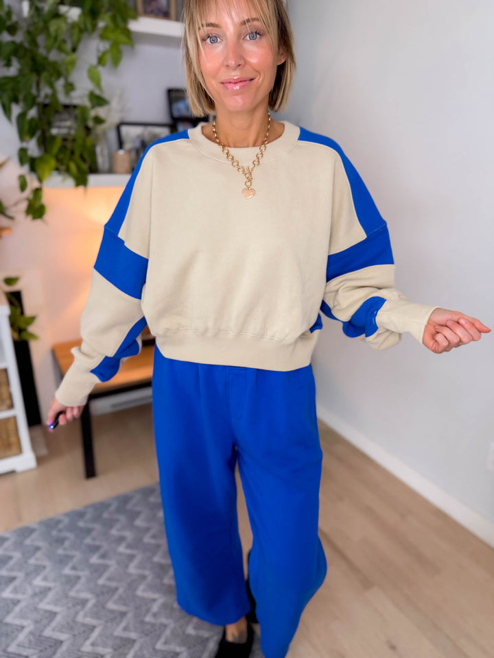 Mono B Blake Contrast Edge Cropped Sweatshirt- BONE/DEEP INDIGO