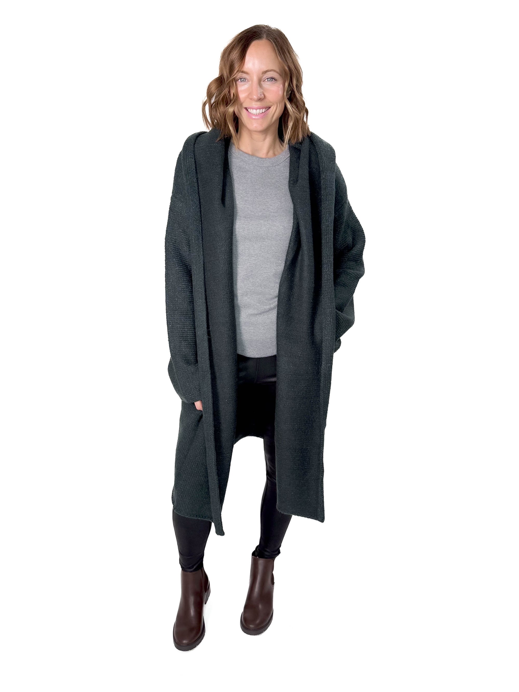 Ellesbeth Oversized Two Pocket Hooded Coatigan- DARK PINE