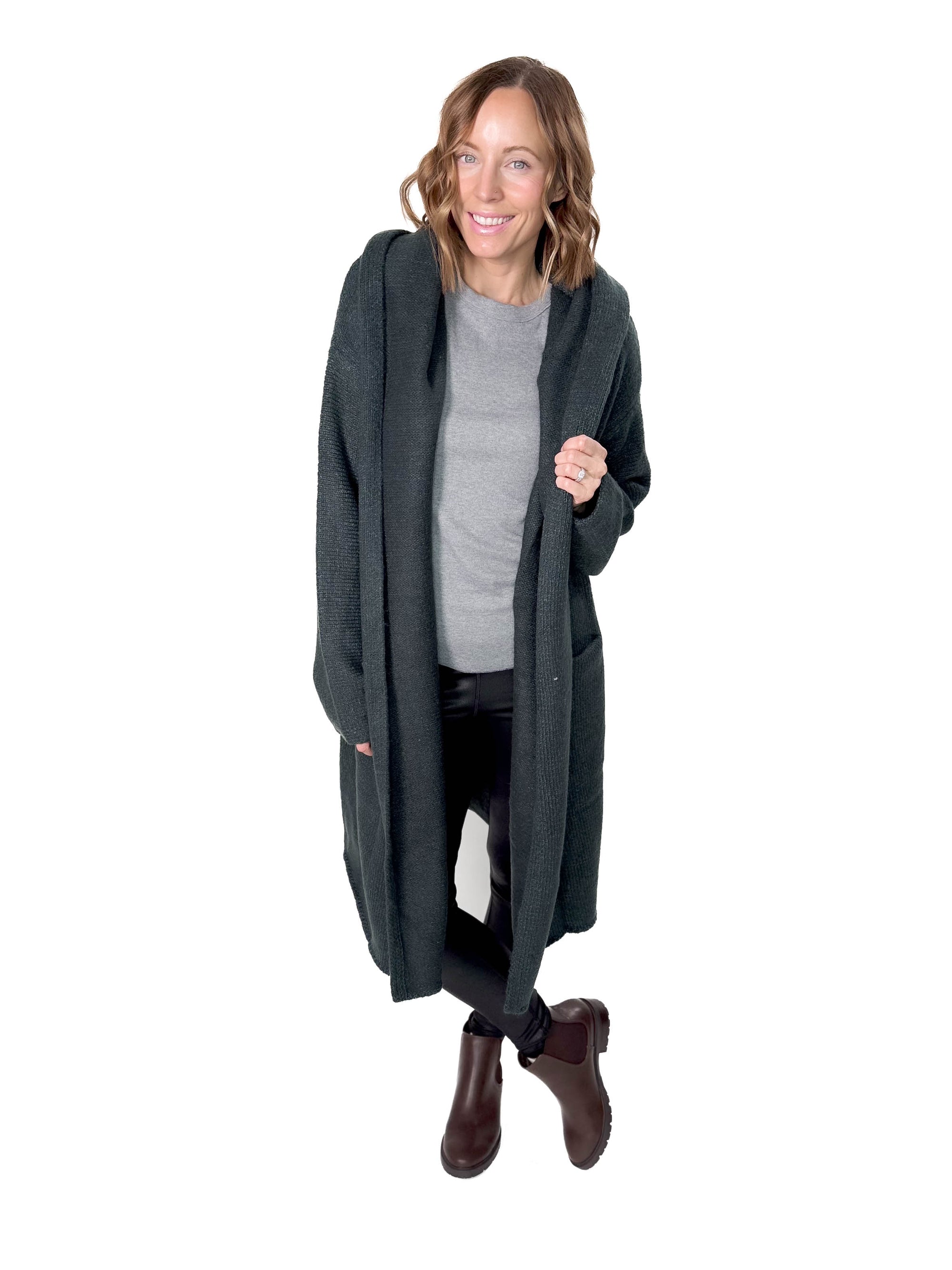 Ellesbeth Oversized Two Pocket Hooded Coatigan- DARK PINE