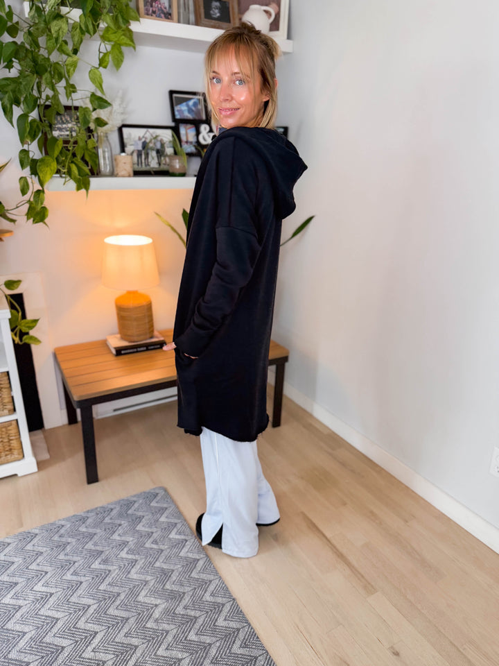 MONO B Whistler Longline Hoodie Cardigan- BLACK