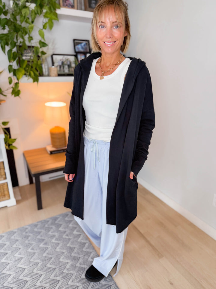 MONO B Whistler Longline Hoodie Cardigan- BLACK
