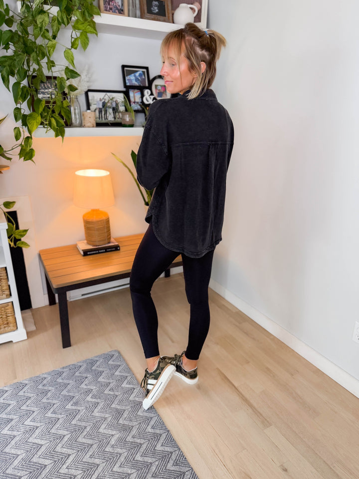 Grace Soft Terry Washed Shacket- CHARCOAL BLACK-FINAL SALE
