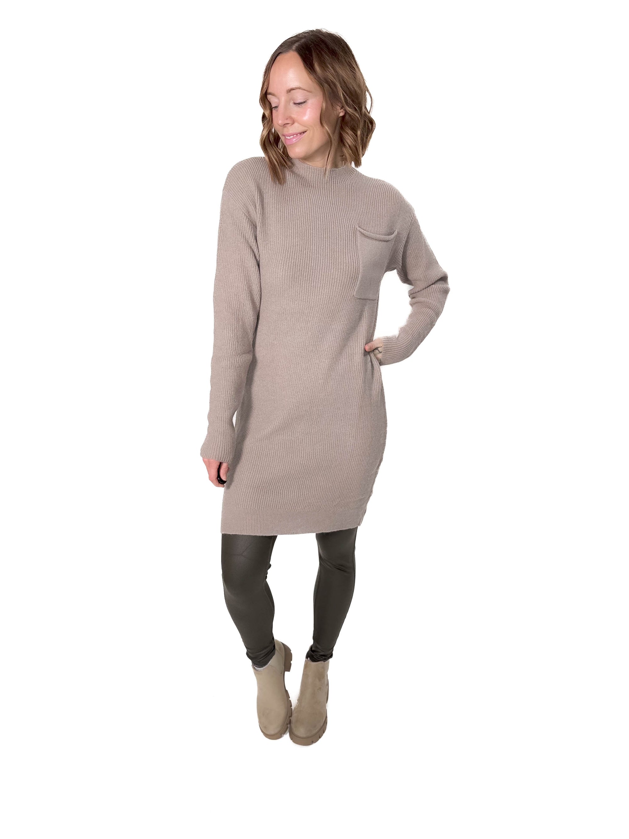 Fiona Pocket Sweater Dress- TAUPE