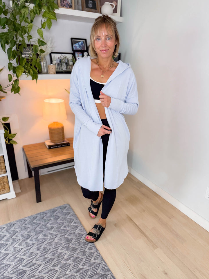 MONO B Whistler Longline Hoodie Cardigan- HALOGEN BLUE
