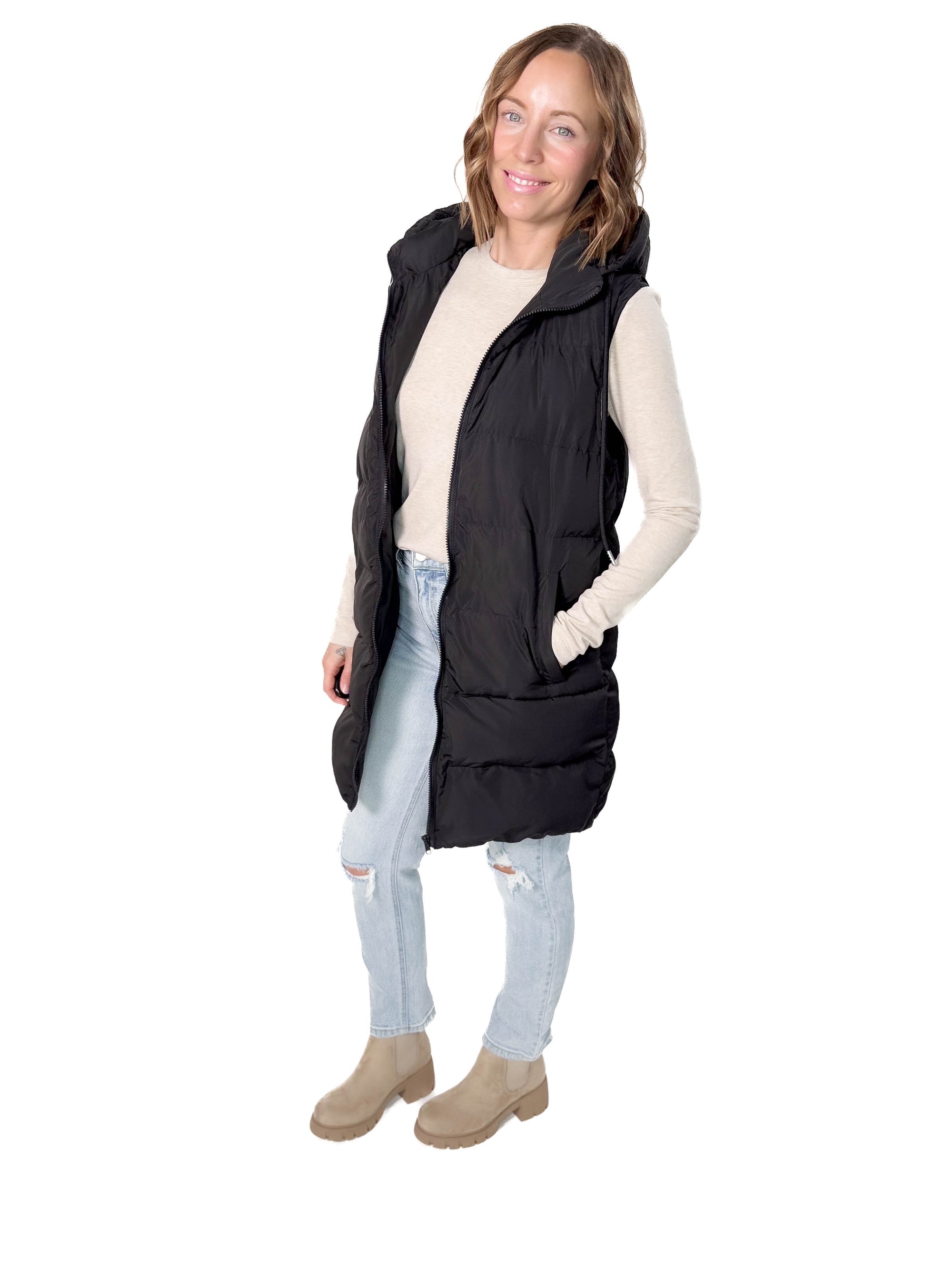 Mountain Peaks Hooded Puffer Vest- BLACK