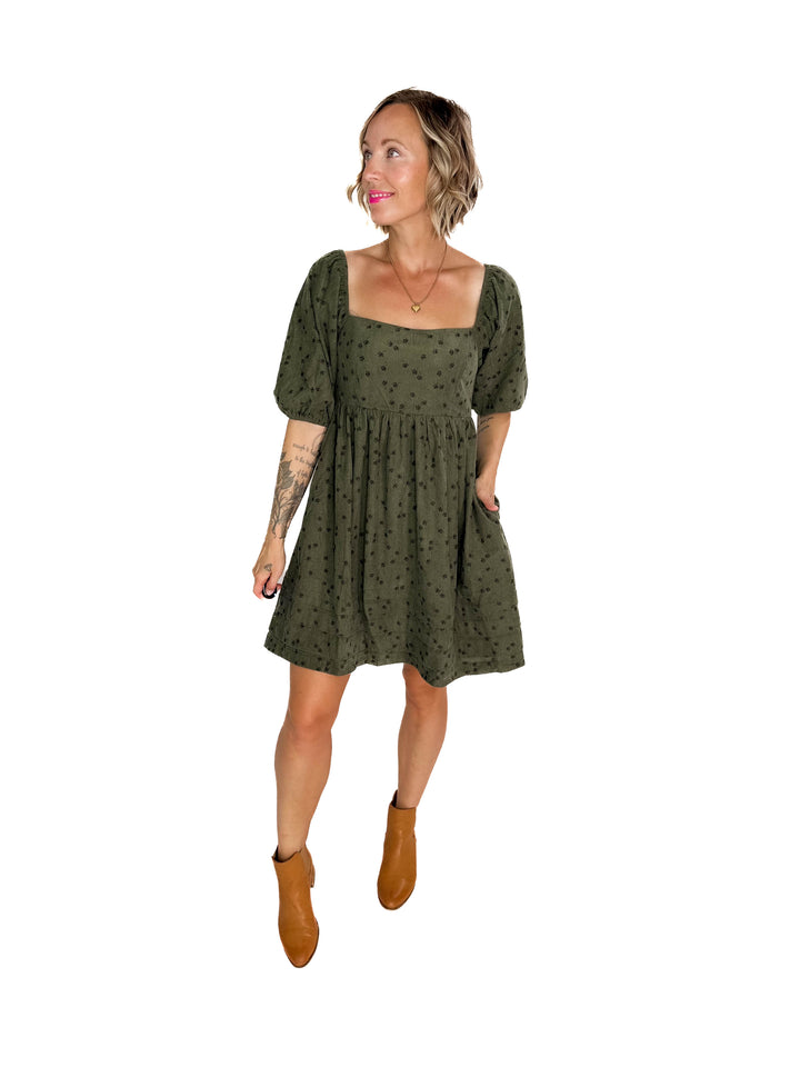 Ashby Corded Baby Doll Dress- OLIVE