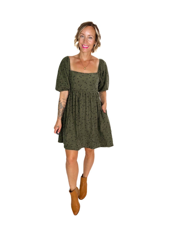 Ashby Corded Baby Doll Dress- OLIVE