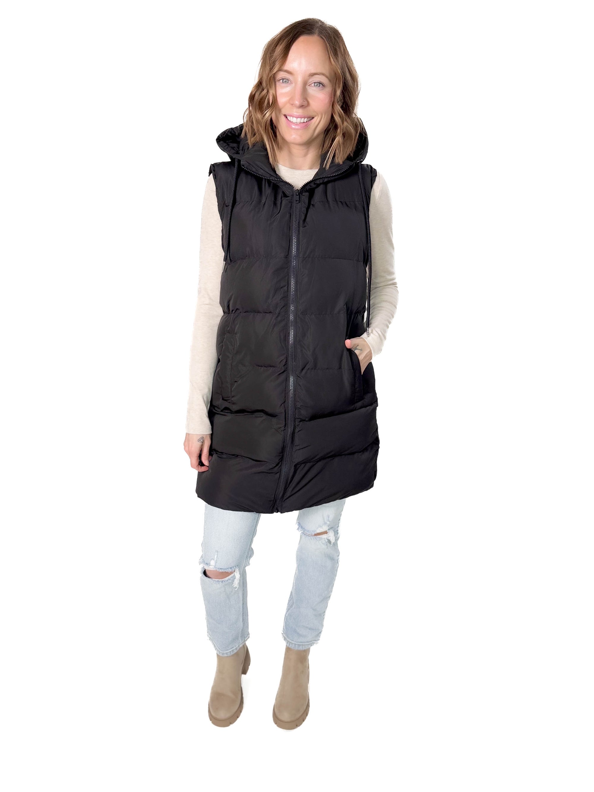 Mountain Peaks Hooded Puffer Vest- BLACK