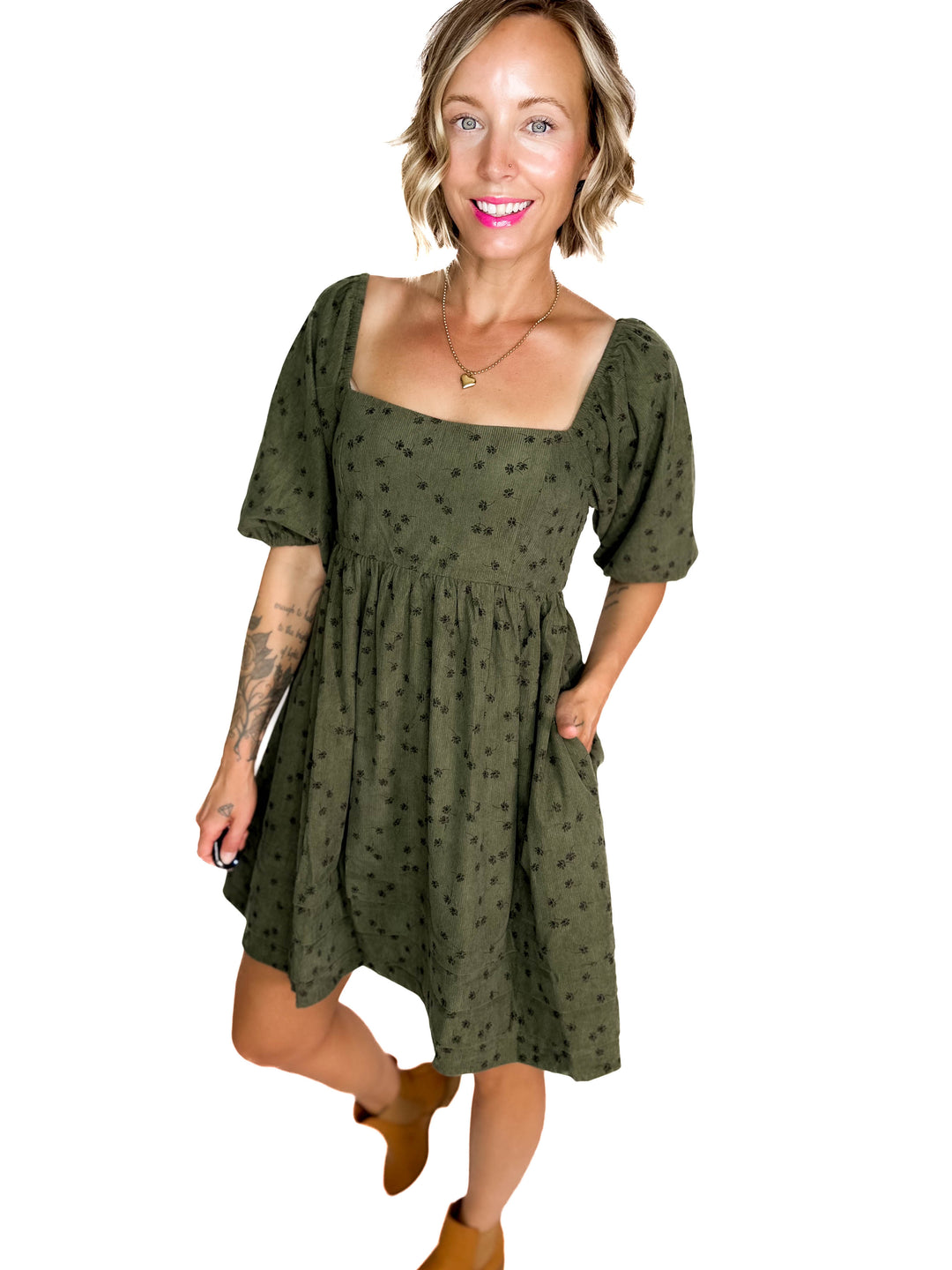 Ashby Corded Baby Doll Dress- OLIVE