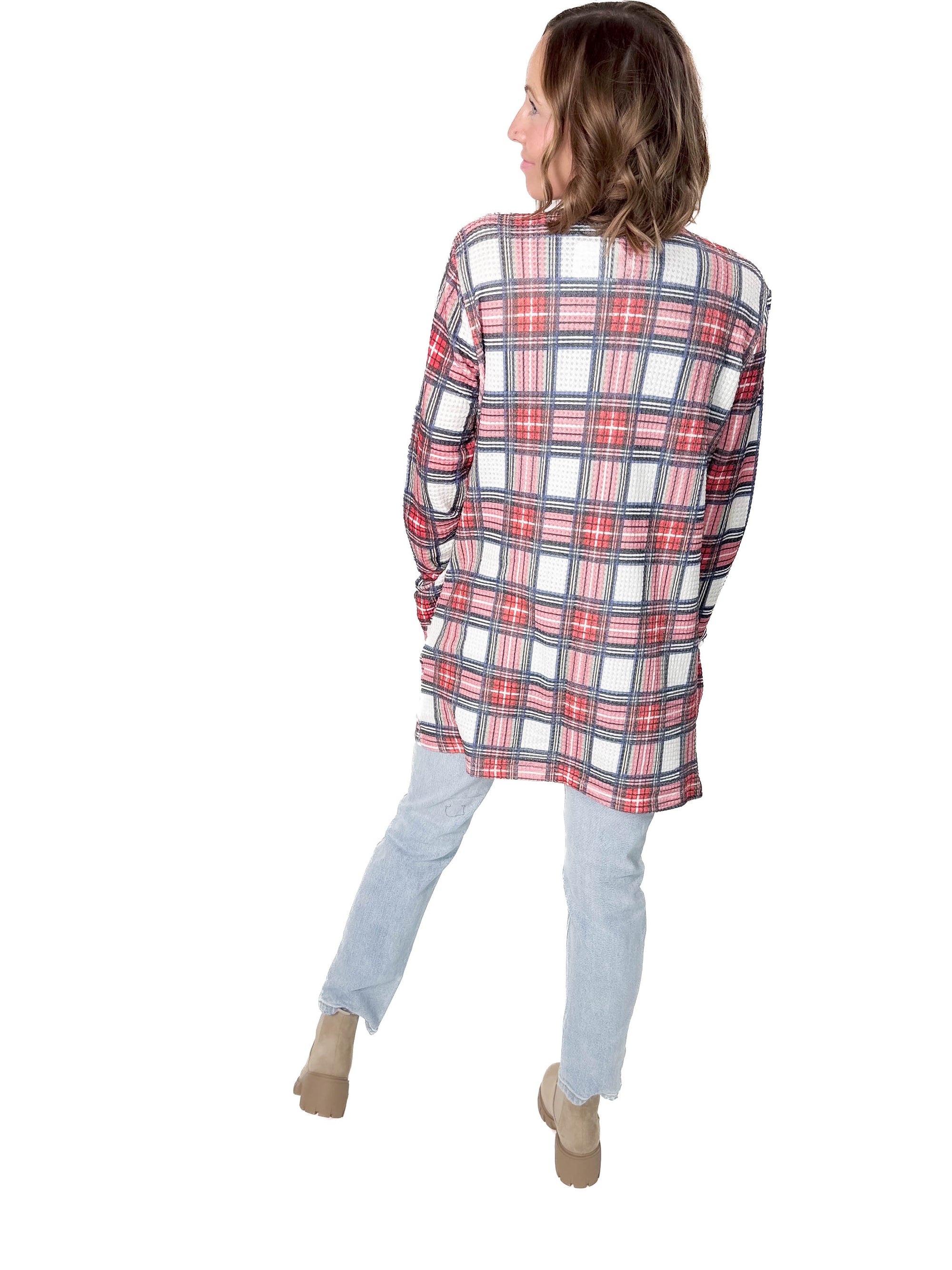 Lola Waffle Cardigan- PLAID