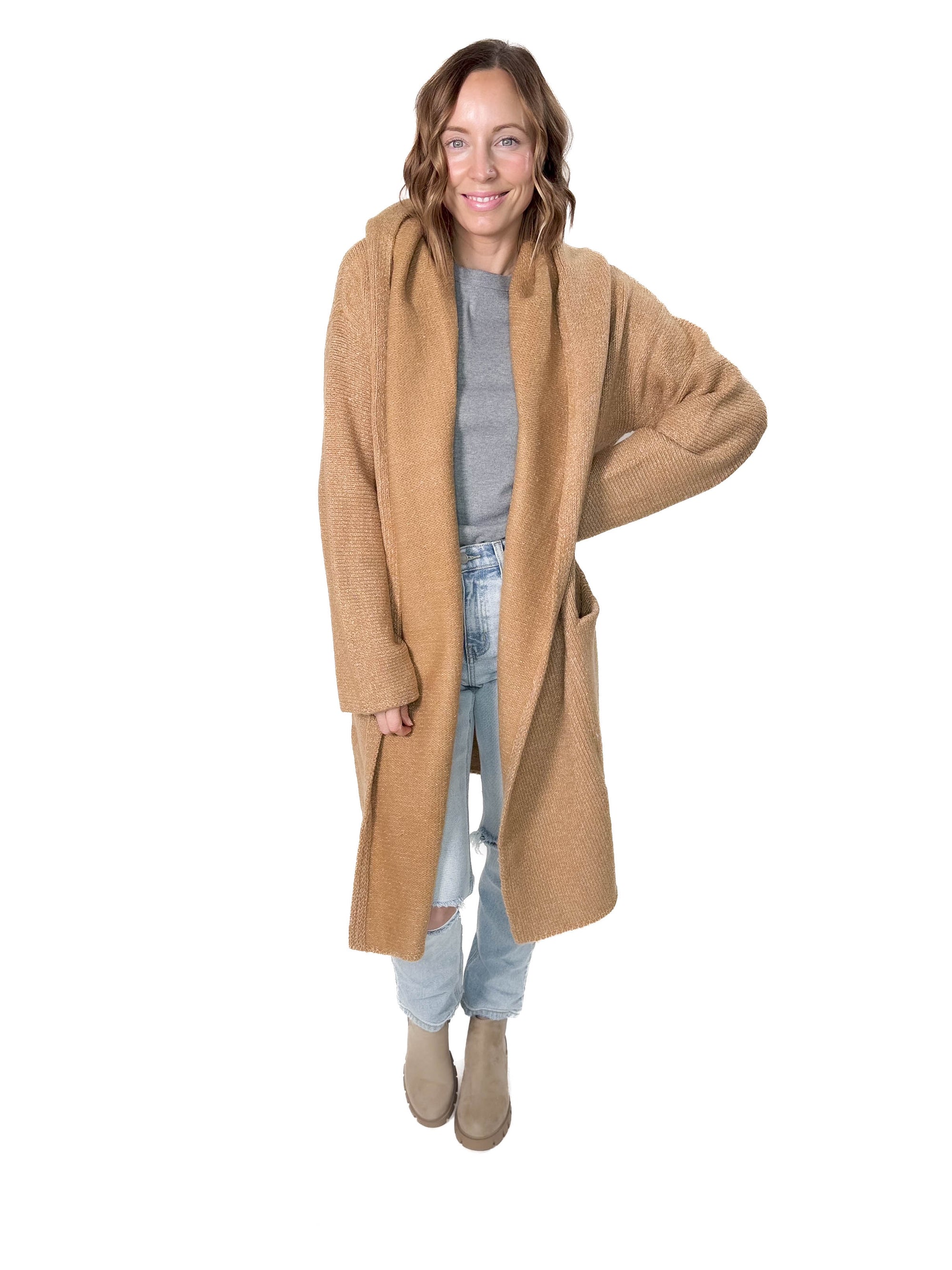 Ellesbeth Oversized Two Pocket Hooded Coatigan- CAMEL