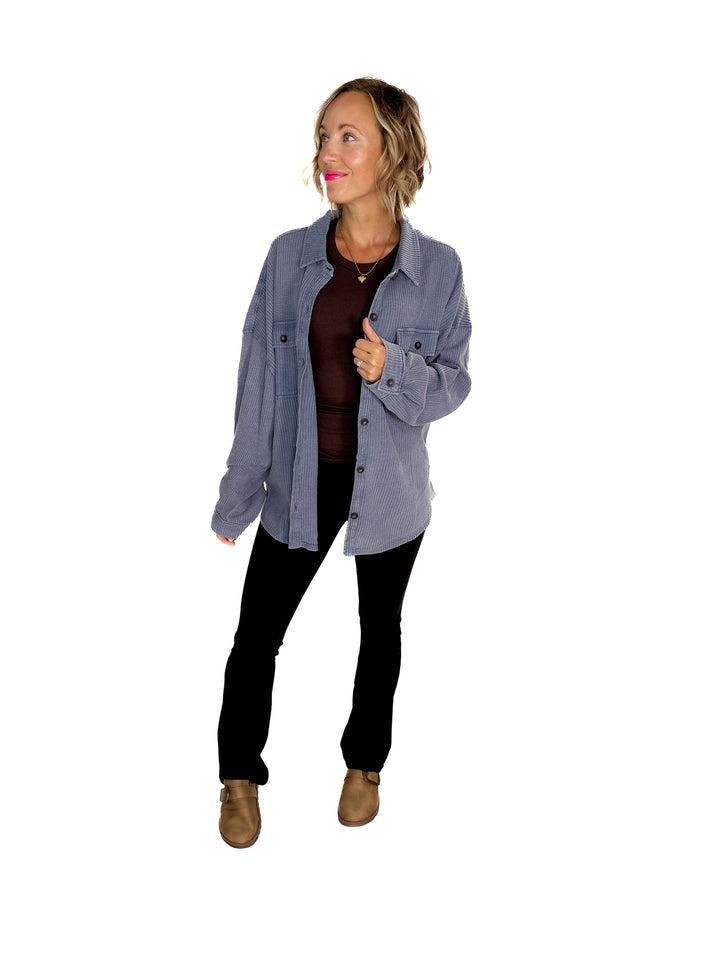 Ivy Waffle Shacket- DUSTY NAVY