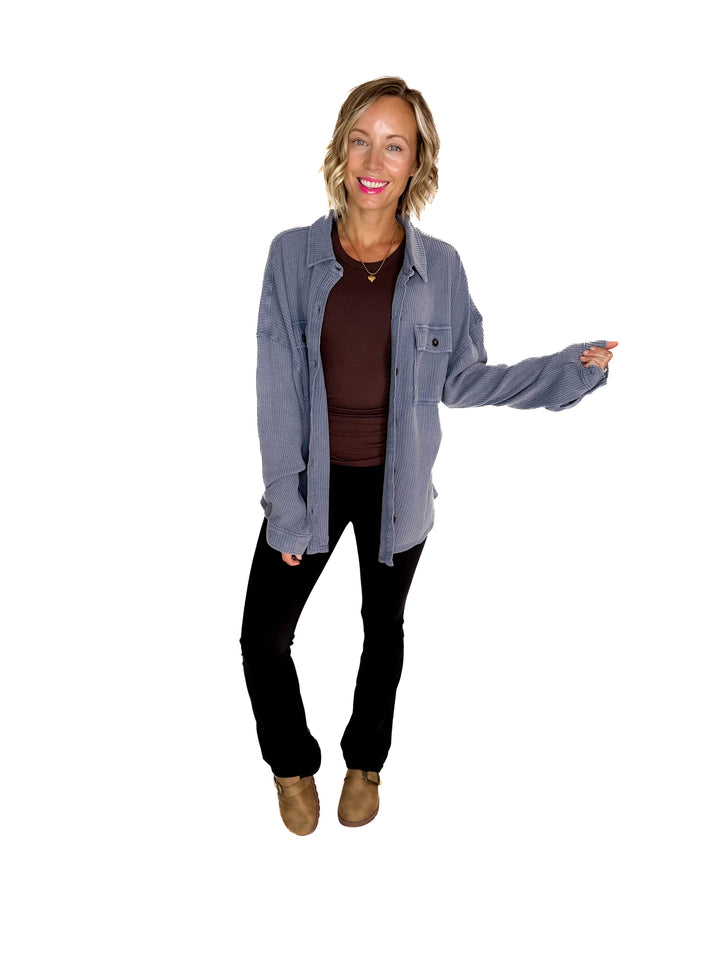 Ivy Waffle Shacket- DUSTY NAVY