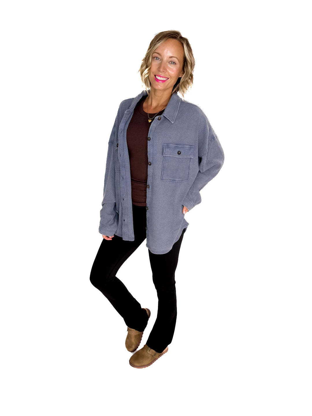 Ivy Waffle Shacket- DUSTY NAVY