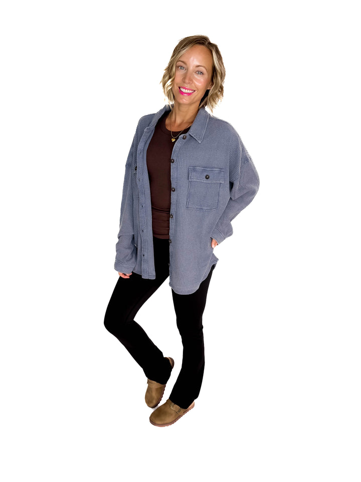 Ivy Waffle Shacket- DUSTY NAVY