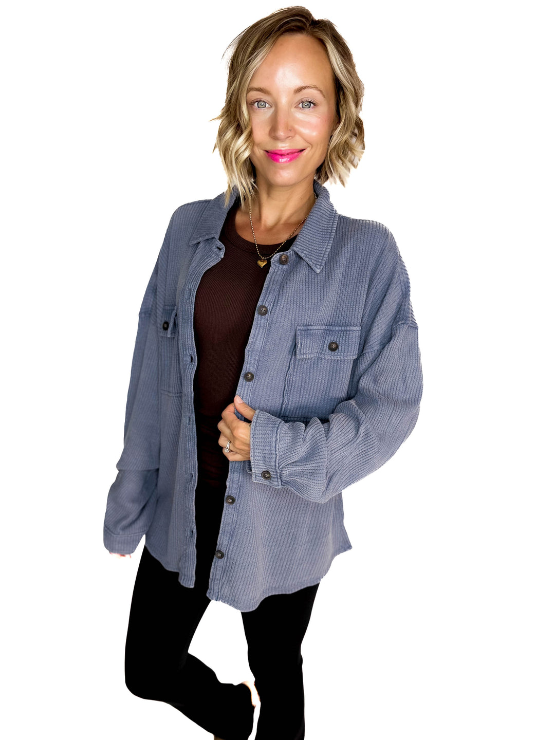 Ivy Waffle Shacket- DUSTY NAVY