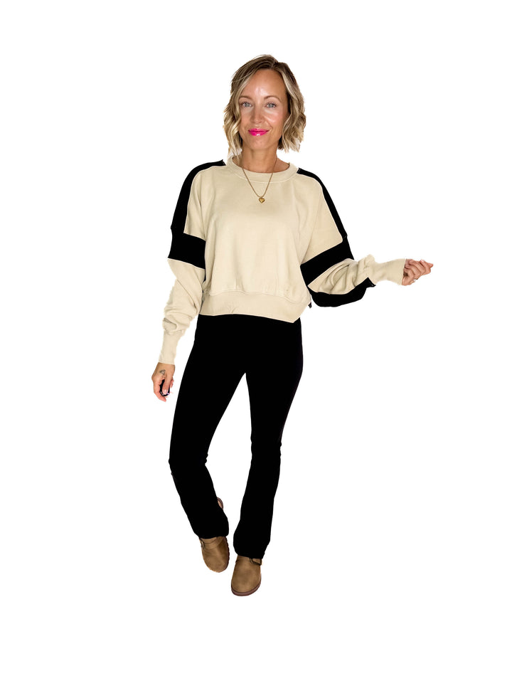 MONO B Bono Waist Length Pullover- BONE/BLACK