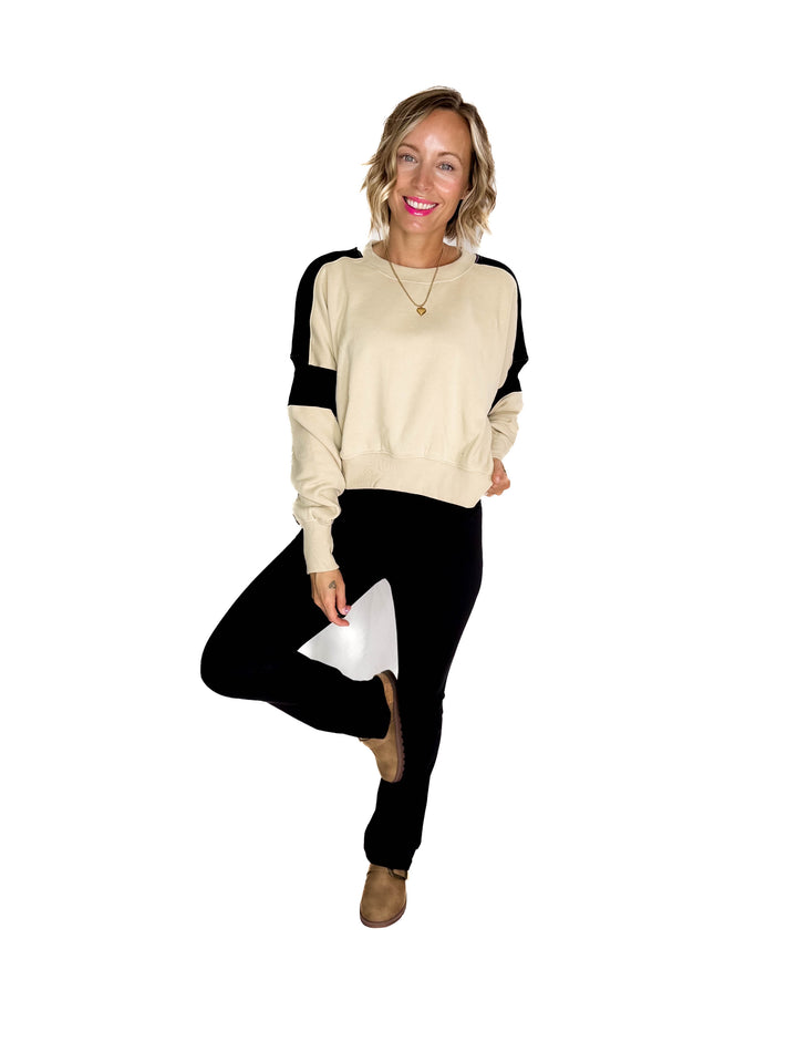 MONO B Bono Waist Length Pullover- BONE/BLACK