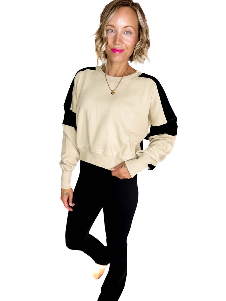 MONO B Bono Waist Length Pullover- BONE/BLACK