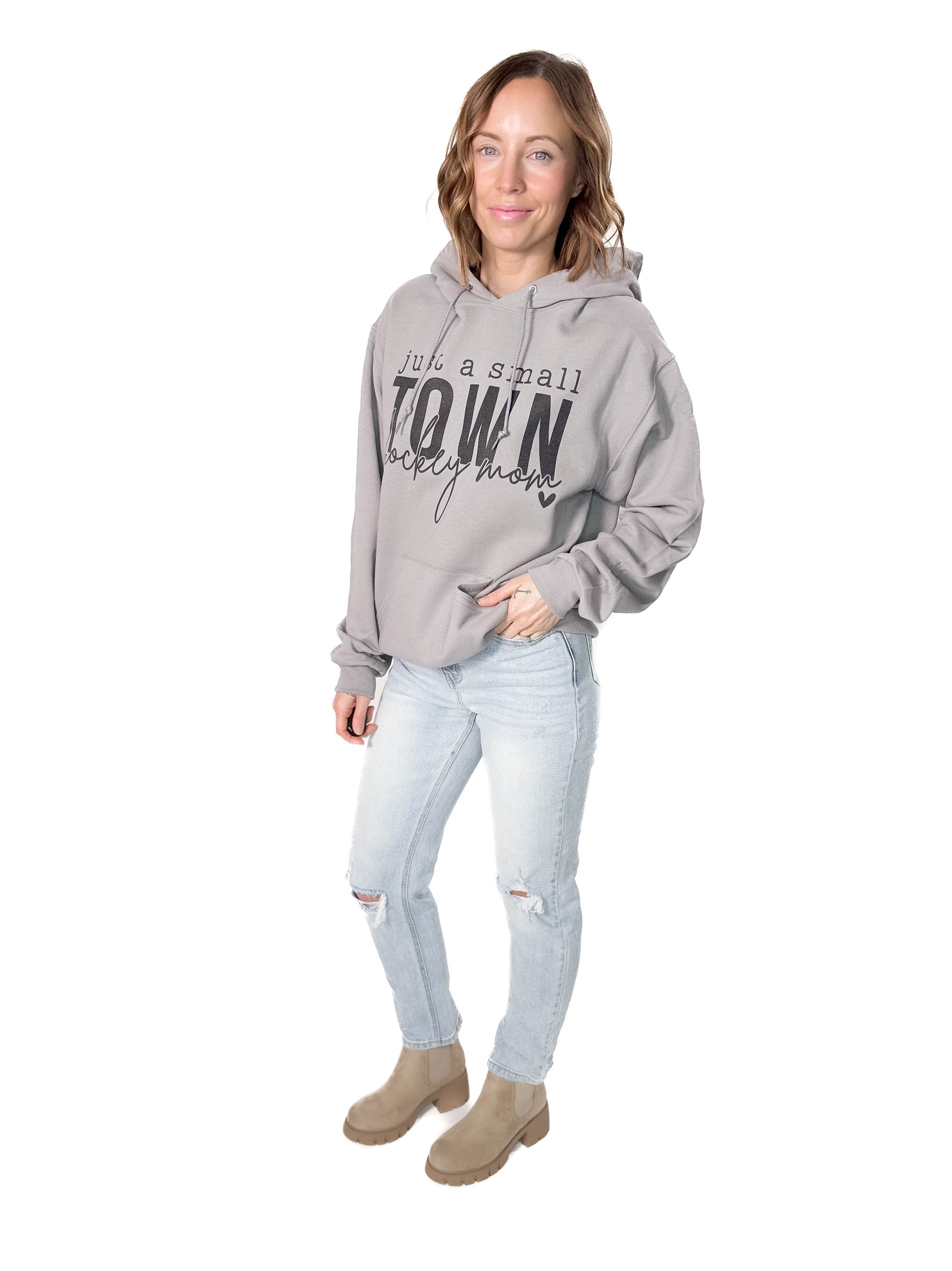 Small Town Hockey Mom Hoodie- STONE GREY