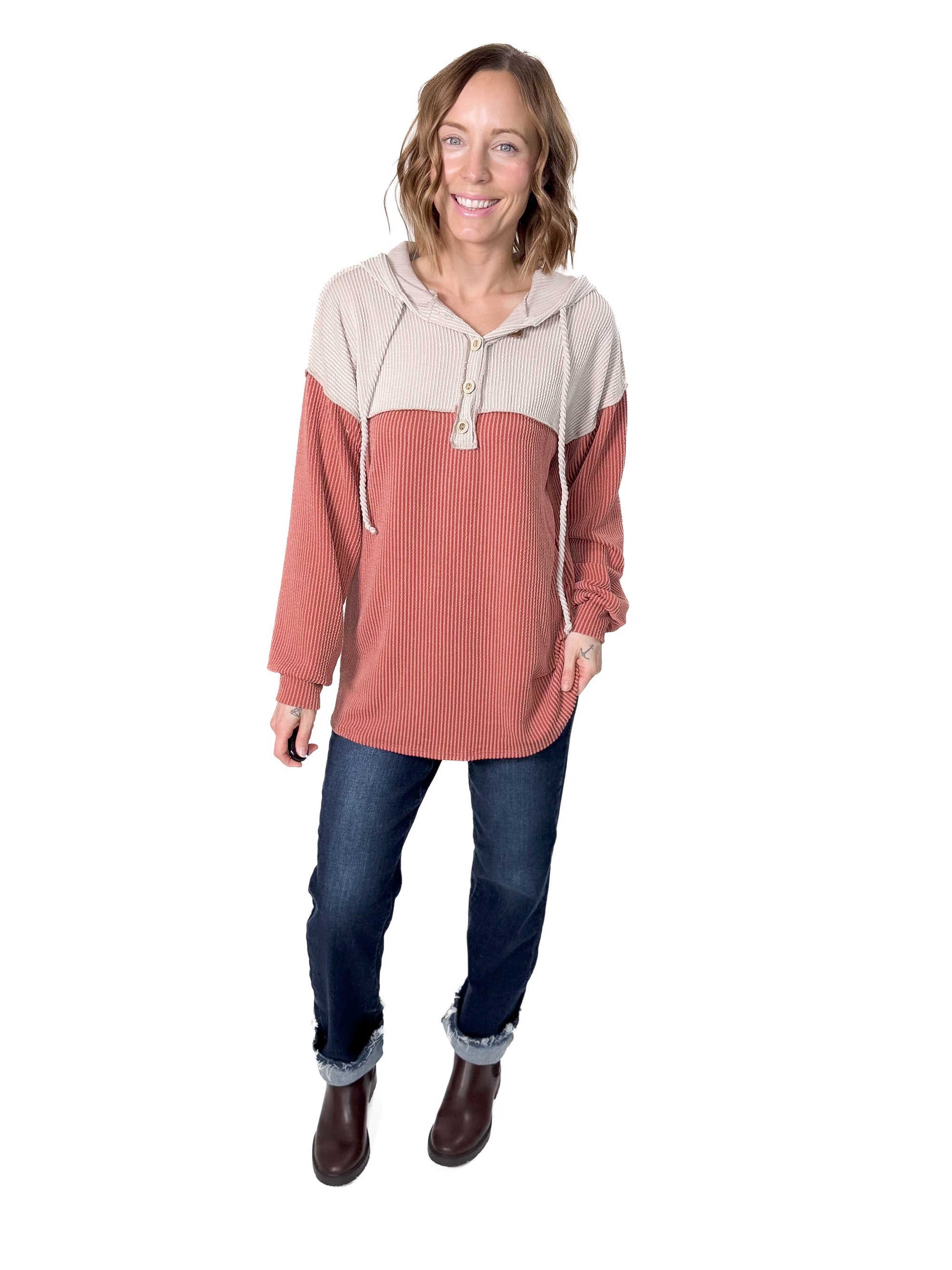 Taylor Contrast Hooded Long Sleeve- RUST