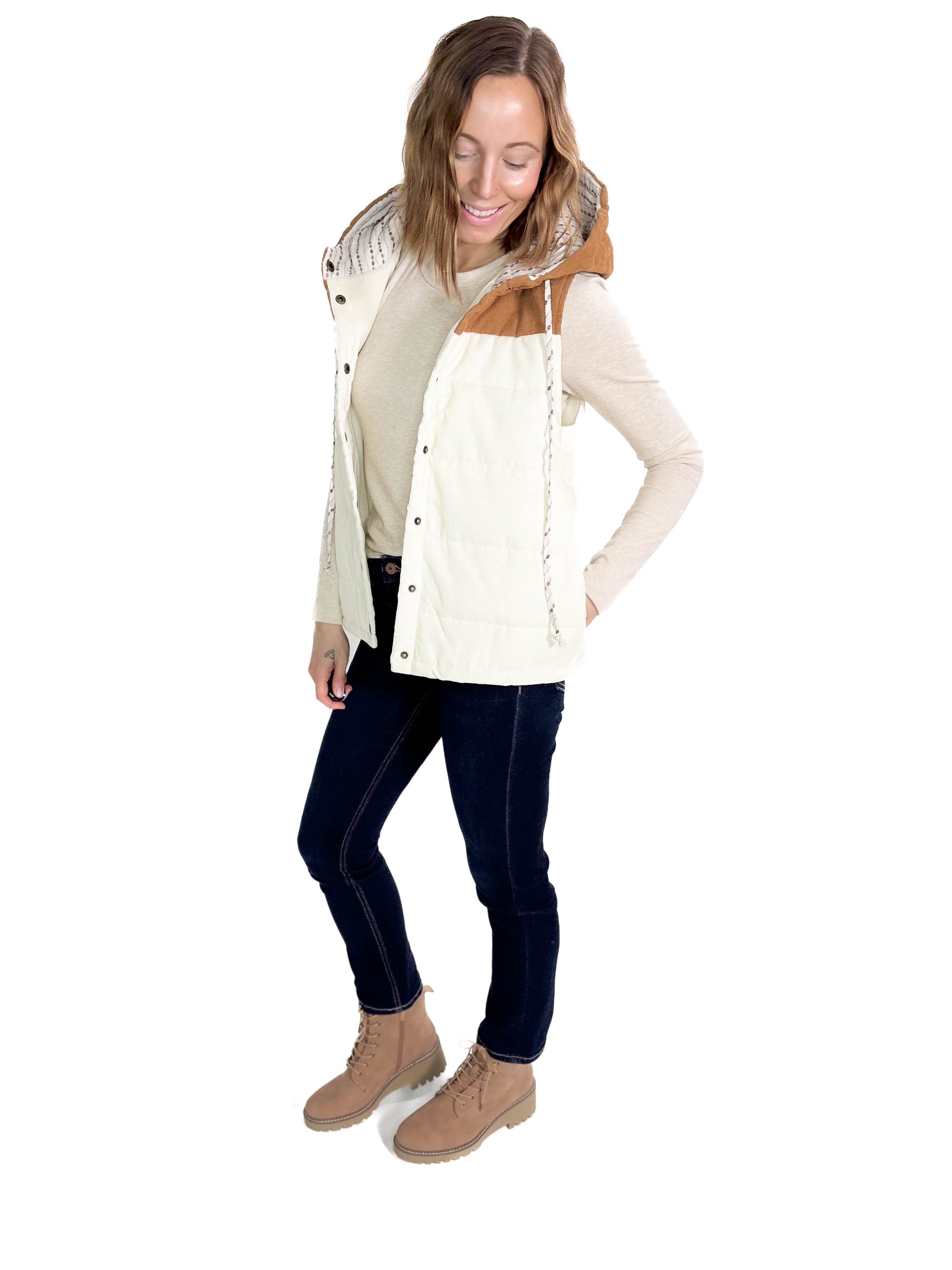 Apex Corded Puffer Vest- OFF WHITE/TAUPE