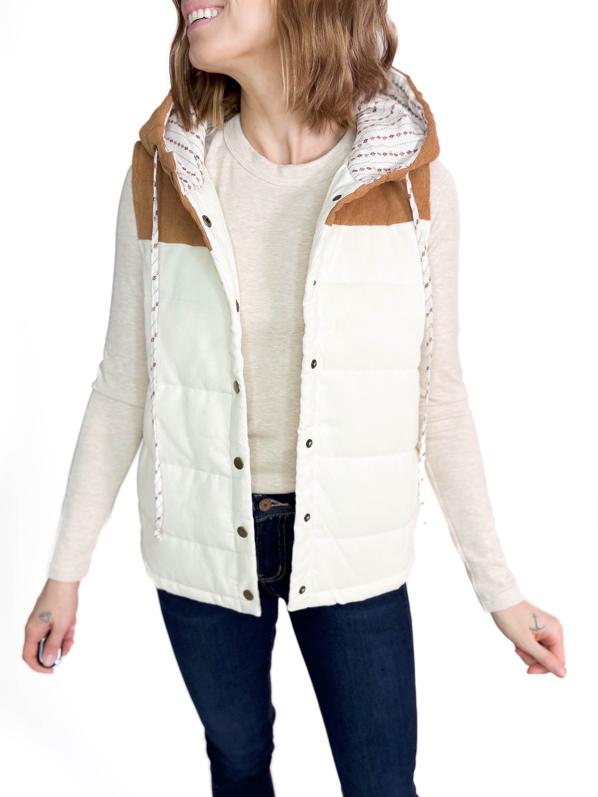 Apex Corded Puffer Vest- OFF WHITE/TAUPE