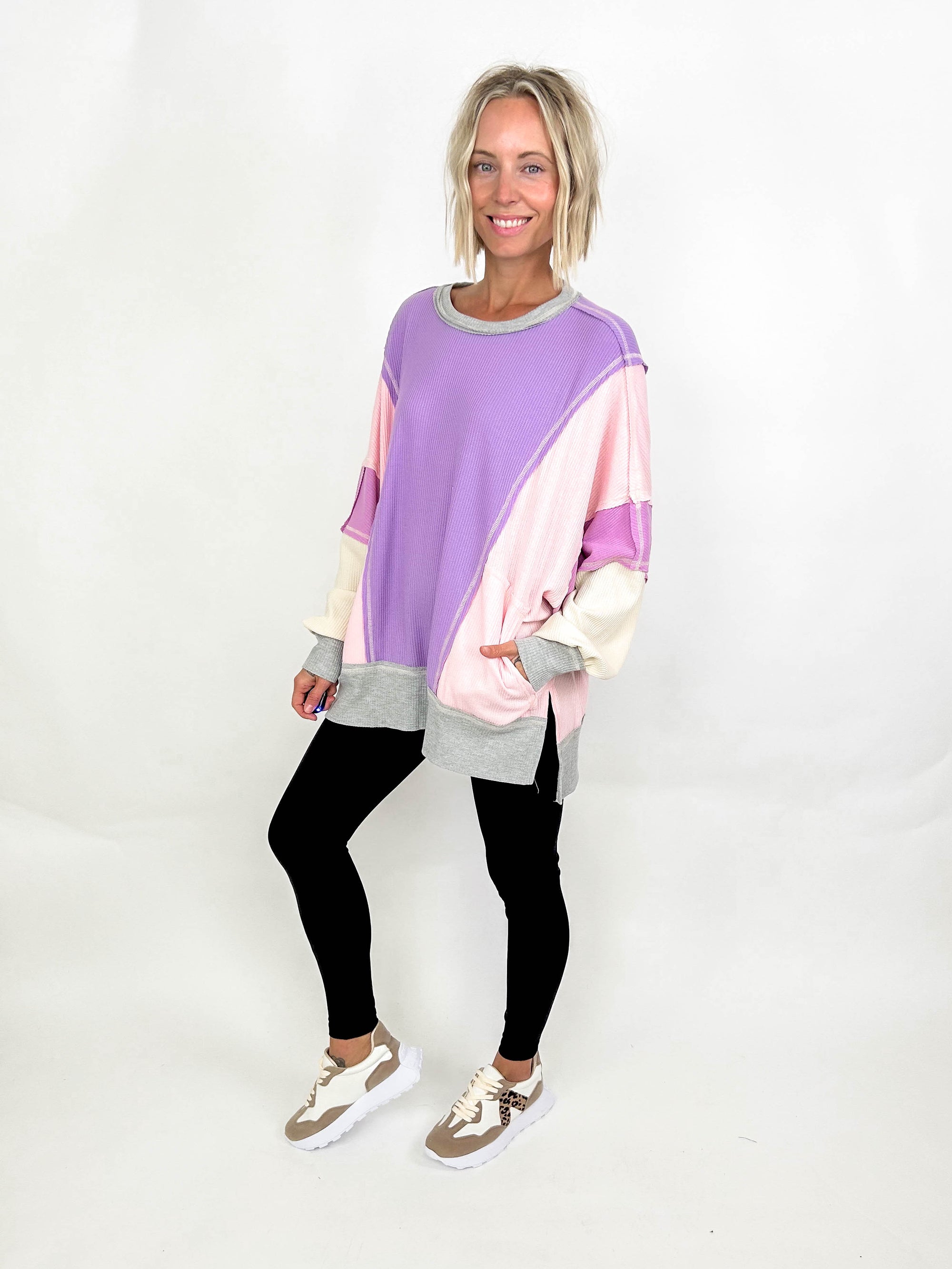 Macy Thermal Oversized Colour Block Top- LAVENDER