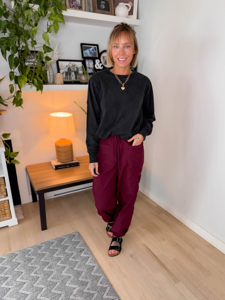 Mono B Quinn Mineral Cloud Bubble Hem Pullover- BLACK-FINAL SALE