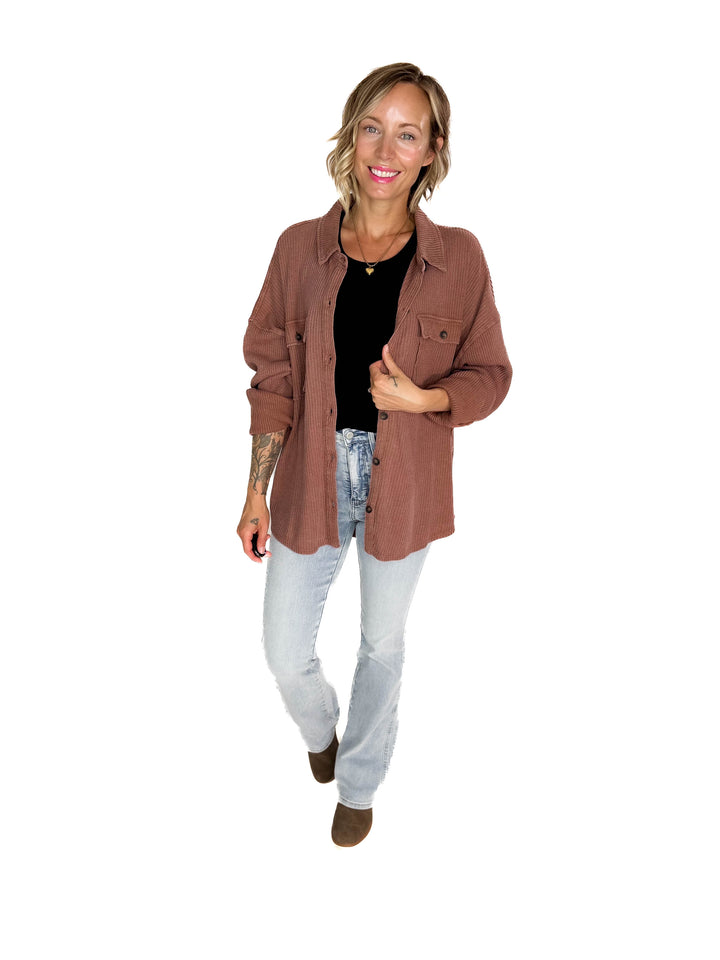 Ivy Waffle Shacket- CHESTNUT