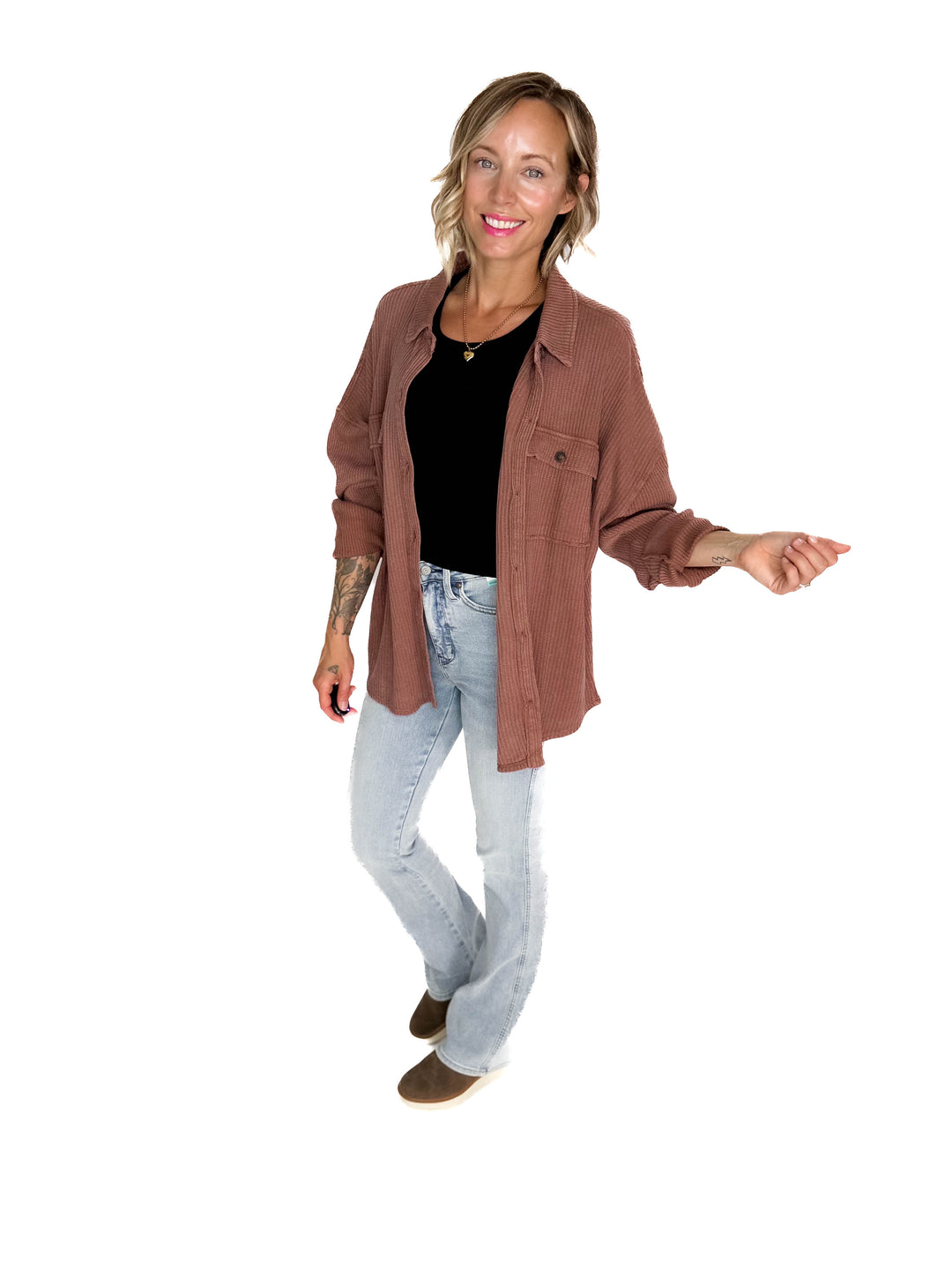 Ivy Waffle Shacket- CHESTNUT
