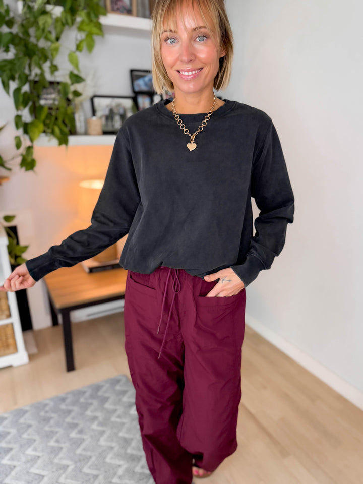 Mono B Quinn Mineral Cloud Bubble Hem Pullover- BLACK-FINAL SALE