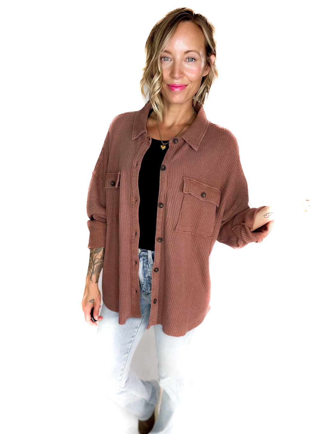 Ivy Waffle Shacket- CHESTNUT