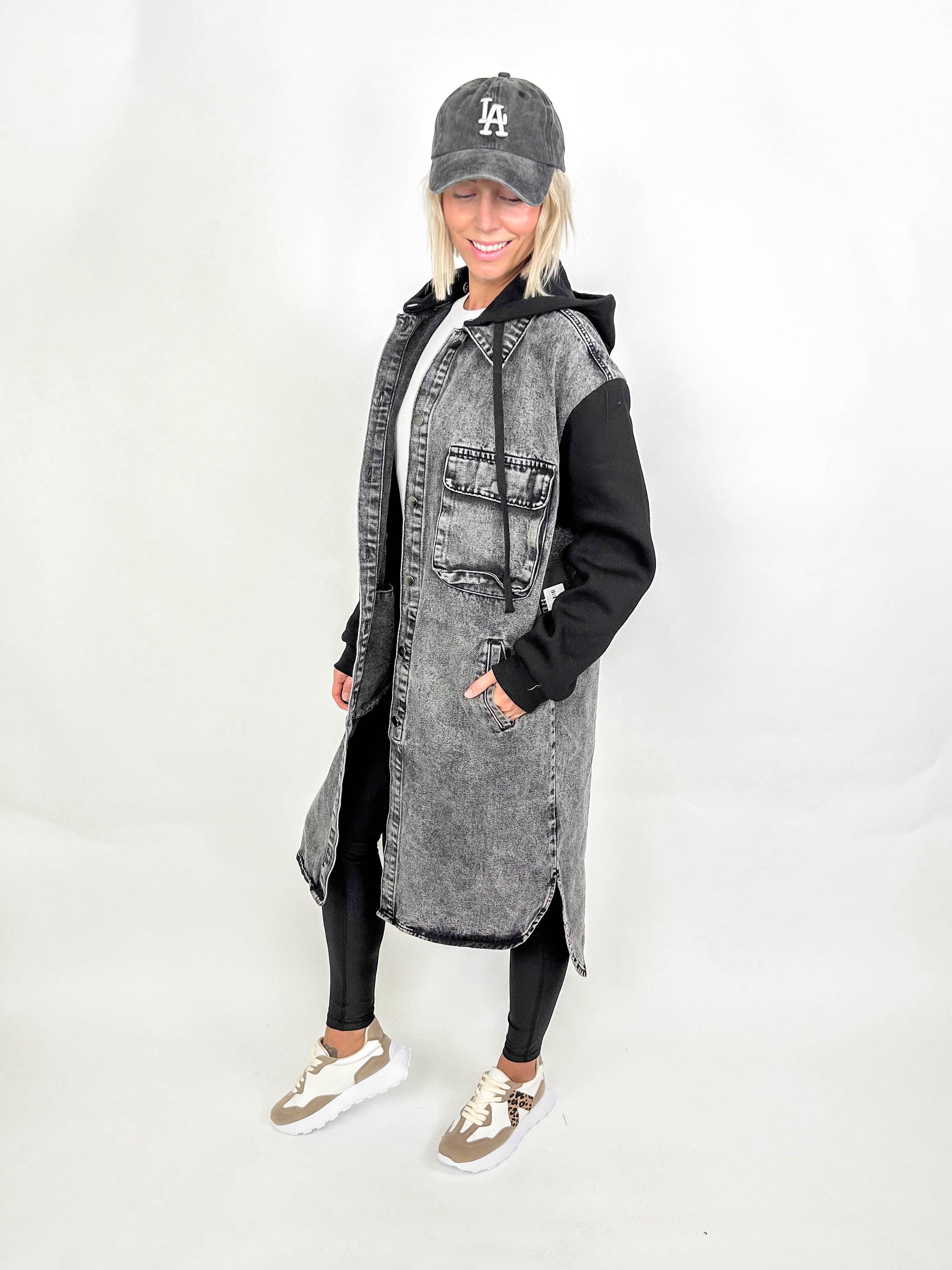 Julie Oversized Hooded Long Denim Jacket- BLACK