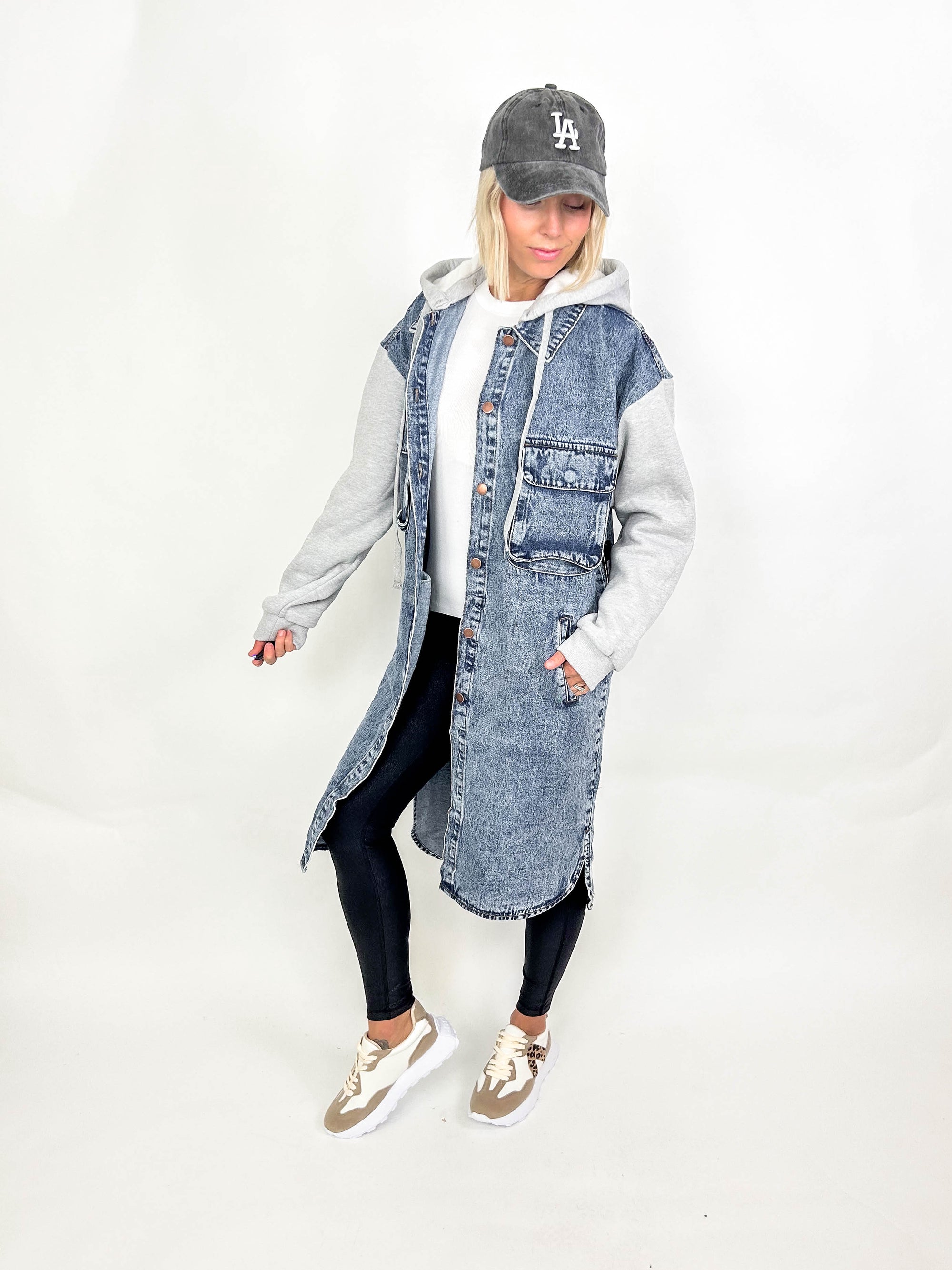 Julie Oversized Hooded Long Denim Jacket- BLUE/GREY