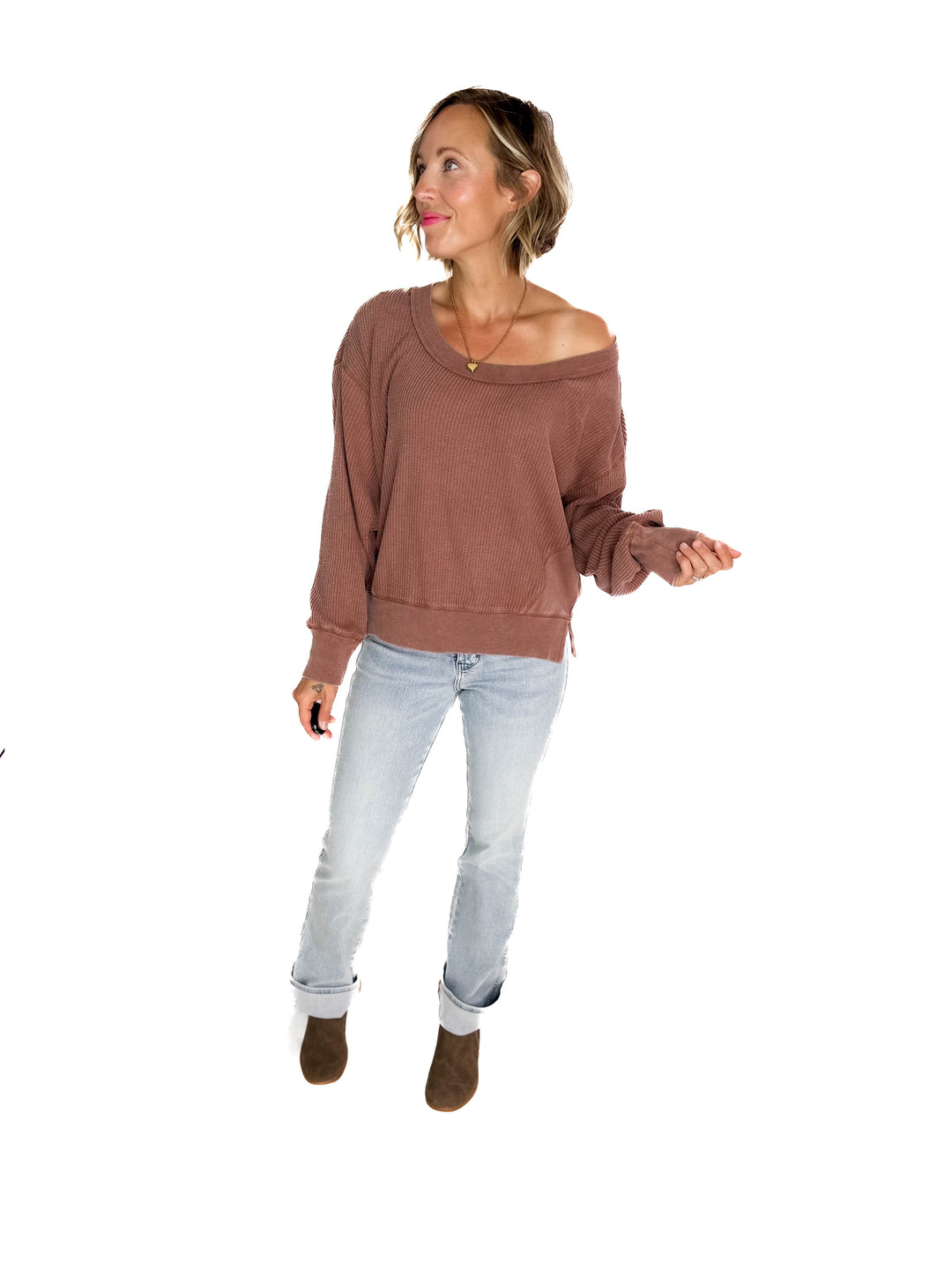 Devon Waffle Long Sleeve- CHESNUT