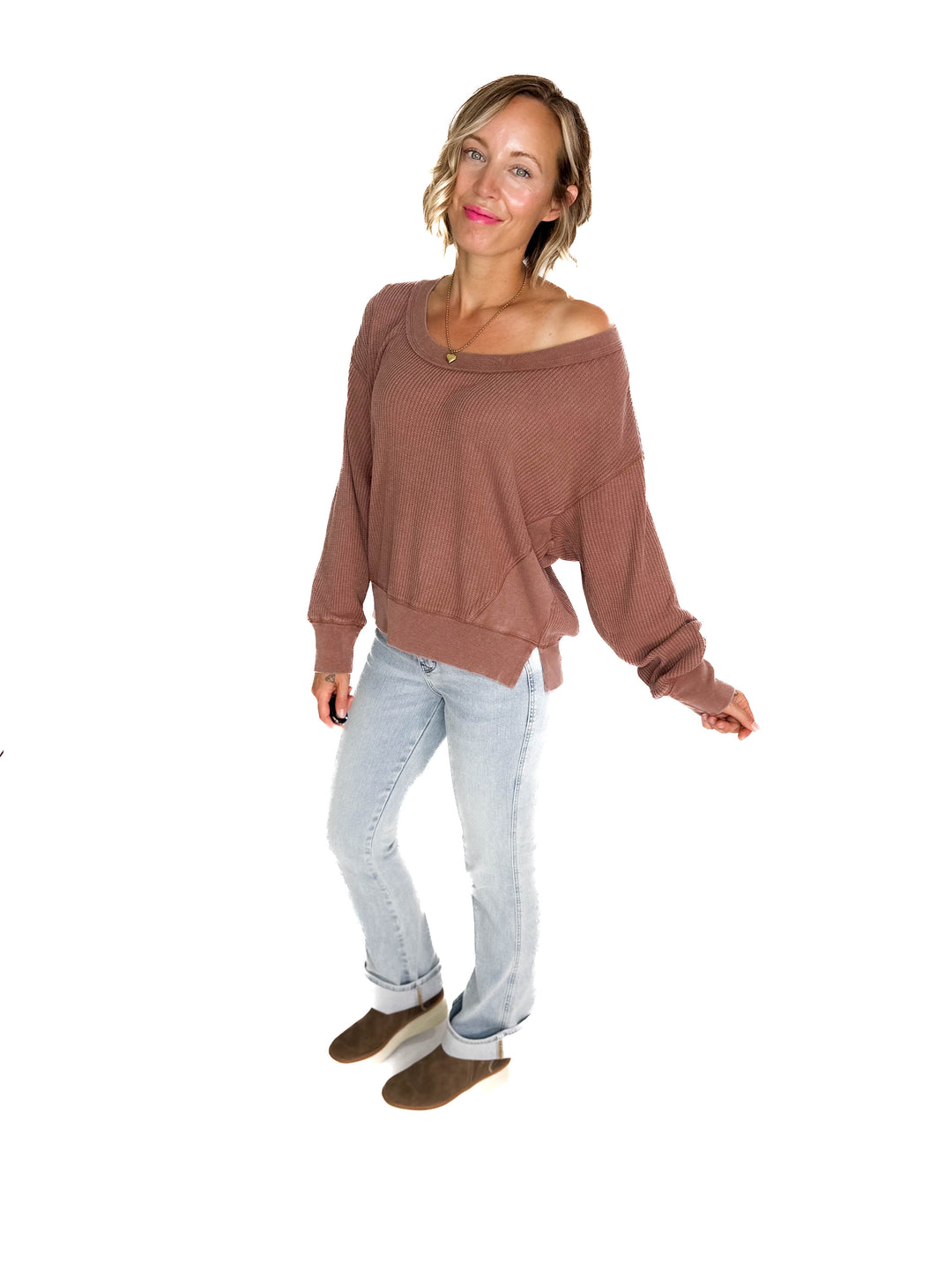 Devon Waffle Long Sleeve- CHESNUT
