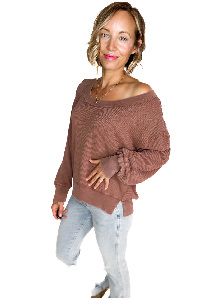 Devon Waffle Long Sleeve- CHESNUT
