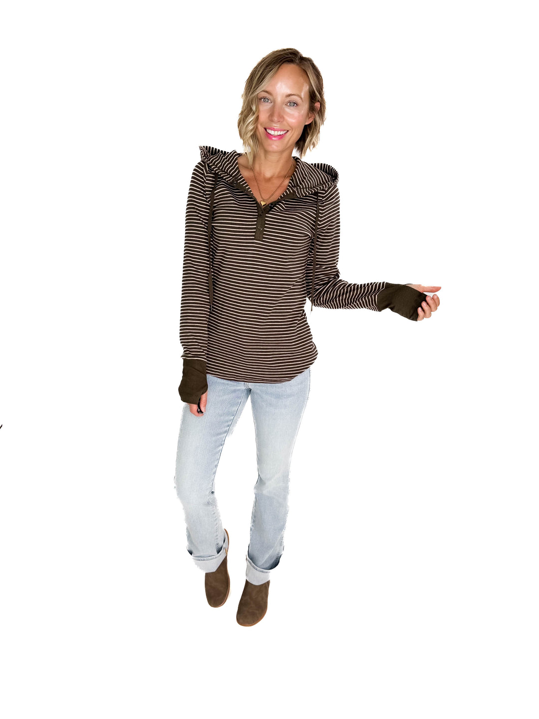 Juniper Henley Ribbed Hooded Top- OLIVE