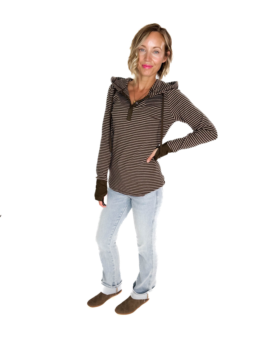 Juniper Henley Ribbed Hooded Top- OLIVE
