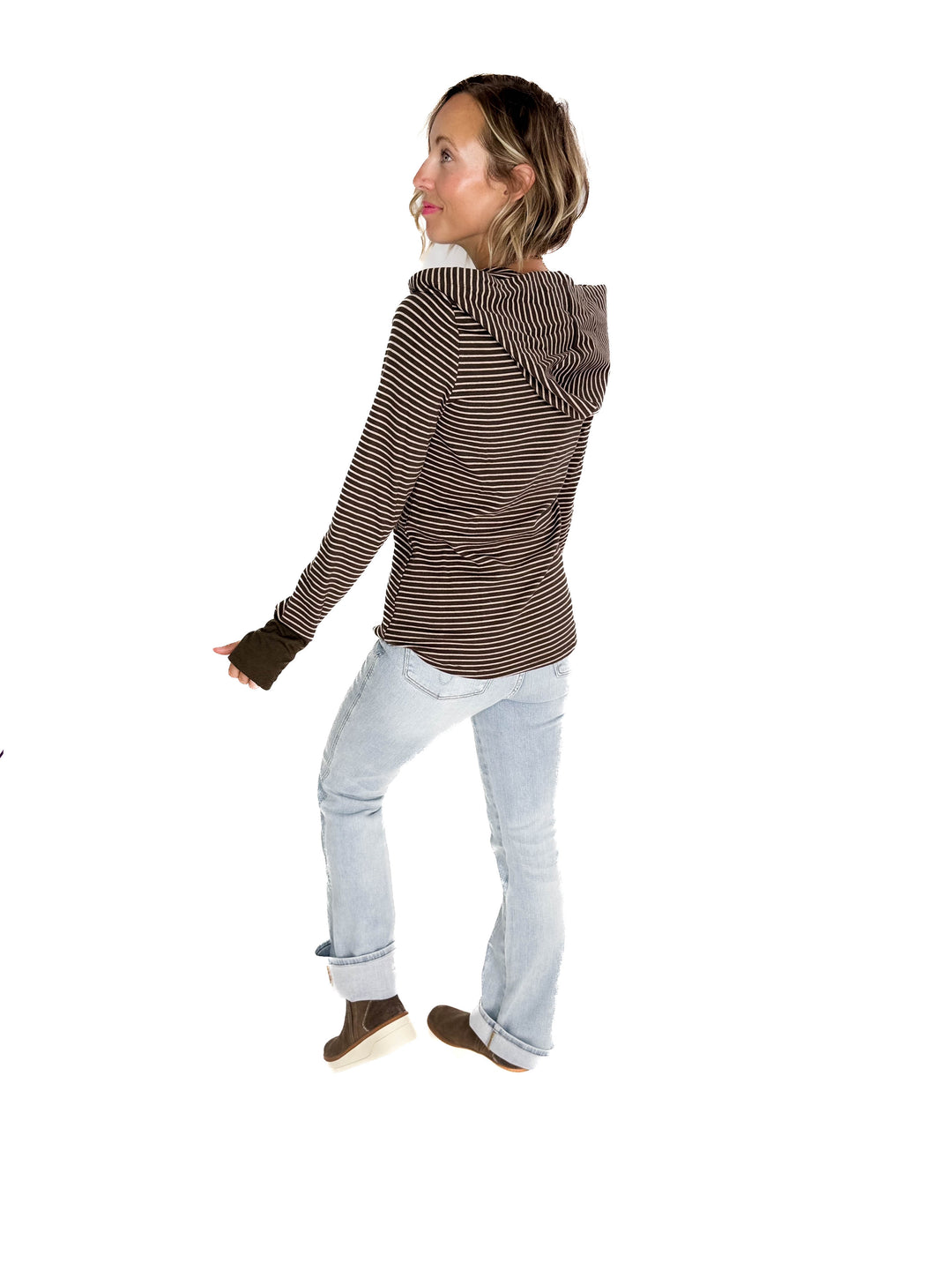 Juniper Henley Ribbed Hooded Top- OLIVE